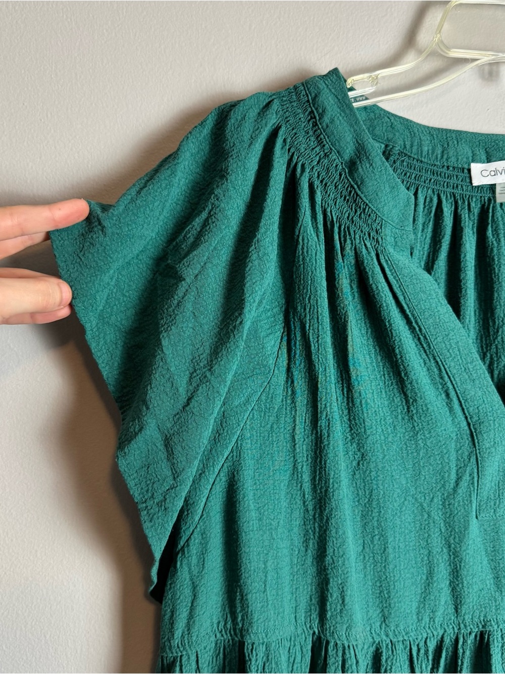 Calvin Klein Gauze Slit Neck Tiered Emerald Green Swing Midi Dress Size 16 - Picture 6 of 12